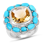Bids.com 9.26 Carat Genuine Citrine and Turquoise .925 Sterling Silver Ring Rings