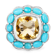 Bids.com 9.26 Carat Genuine Citrine and Turquoise .925 Sterling Silver Ring Rings