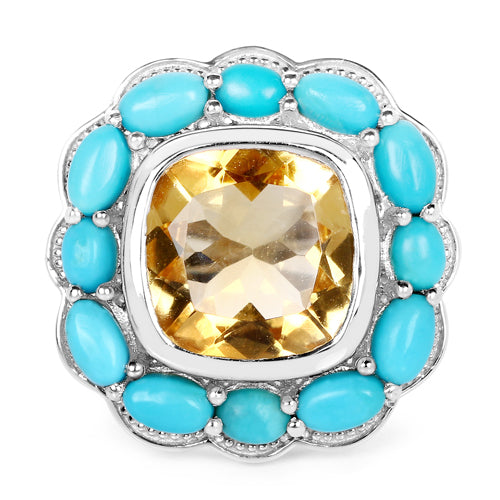 Bids.com 9.26 Carat Genuine Citrine and Turquoise .925 Sterling Silver Ring Rings
