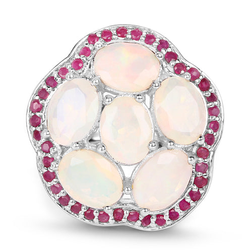 Bids.com 4.66 Carat Genuine Ethiopian Opal and Ruby .925 Sterling Silver Ring Rings