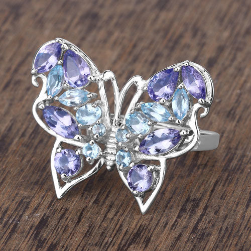 Bids.com 3.60 Carat Genuine Tanzanite and Swiss Blue Topaz .925 Sterling Silver Ring Rings