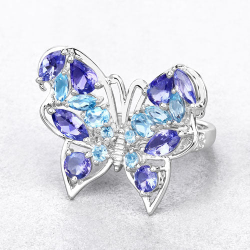 Bids.com 3.60 Carat Genuine Tanzanite and Swiss Blue Topaz .925 Sterling Silver Ring Rings
