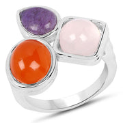 Bids.com 5.21 Carat Genuine Rose Quartz, Carnelian And Charolite .925 Sterling Silver Ring Rings