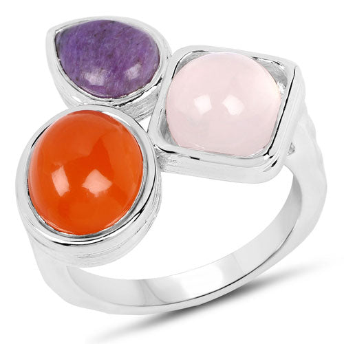 Bids.com 5.21 Carat Genuine Rose Quartz, Carnelian And Charolite .925 Sterling Silver Ring Rings