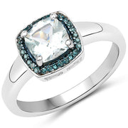 Bids.com 0.83 Carat Genuine Aquamarine and Blue Diamond .925 Sterling Silver Ring Rings