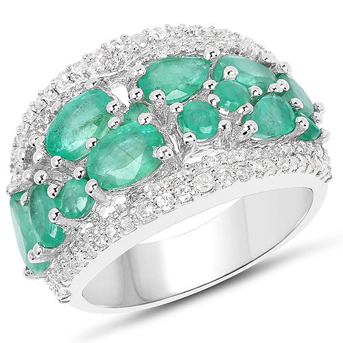 Bids.com 3.27 Carat Genuine Emerald and White Zircon .925 Sterling Silver Ring Rings