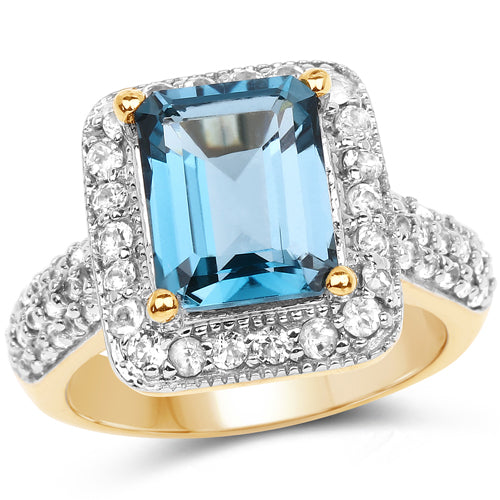 Bids.com 14K Yellow Gold Plated 5.03 Carat Genuine London Blue Topaz and White Topaz .925 Sterling Silver Ring Rings