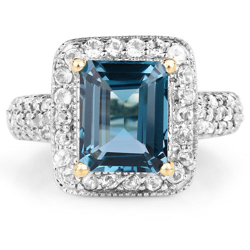 Bids.com 14K Yellow Gold Plated 5.03 Carat Genuine London Blue Topaz and White Topaz .925 Sterling Silver Ring Rings