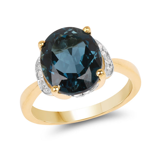 Bids.com 14K Yellow Gold Plated 6.09 Carat Genuine London Blue Topaz & White Diamond .925 Sterling Silver Ring Rings