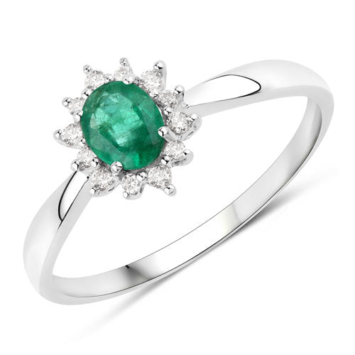Bids.com 0.40 Carat Genuine Zambian Emerald and White Diamond 14K White Gold Ring Rings