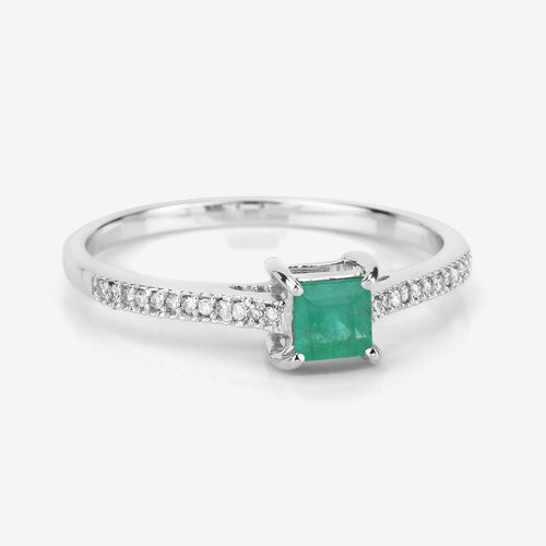Bids.com 0.67 Carat Genuine Zambian Emerald and White Diamond 14K White Gold Ring Rings