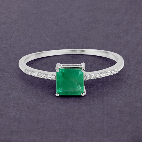 Bids.com 0.64 Carat Genuine Zambian Emerald and White Diamond 14K White Gold Ring Rings