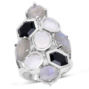 Bids.com 10.30 Carat Genuine White Rainbow Moonstone, Labradorite And Black Onyx .925 Sterling Silver Ring Rings