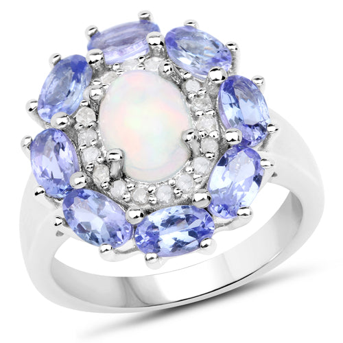 Bids.com 3.05 Carat Genuine Ethiopian Opal, Tanzanite and White Diamond .925 Sterling Silver Ring Rings