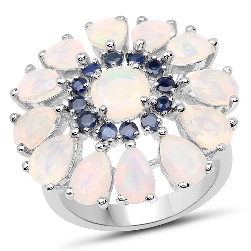 Bids.com 3.98 Carat Genuine Ethiopian Opal and Blue Sapphire .925 Sterling Silver Ring Rings