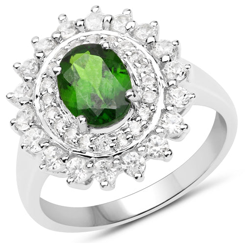 Bids.com 2.40 Carat Genuine Chrome Diopside and White Zircon .925 Sterling Silver Ring Rings