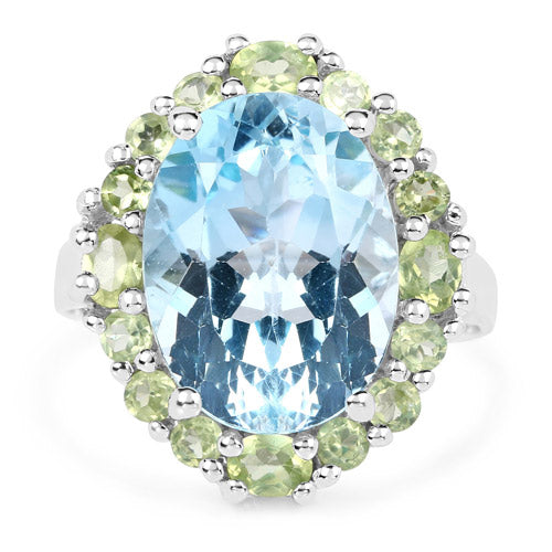 Bids.com 12.77 Carat Genuine Blue Topaz and Peridot .925 Sterling Silver Ring Rings