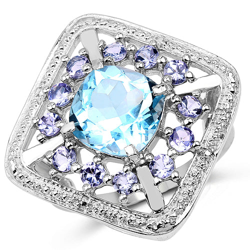 Bids.com 4.24 Carat Genuine Blue Topaz and Tanzanite .925 Sterling Silver Ring Rings
