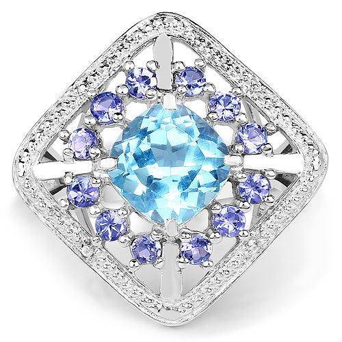 Bids.com 4.24 Carat Genuine Blue Topaz and Tanzanite .925 Sterling Silver Ring Rings