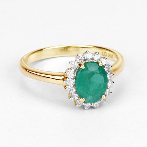 Bids.com 1.39 Carat Genuine Zambian Emerald and White Diamond 10K Yellow Gold Ring Rings