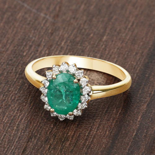 Bids.com 1.39 Carat Genuine Zambian Emerald and White Diamond 10K Yellow Gold Ring Rings