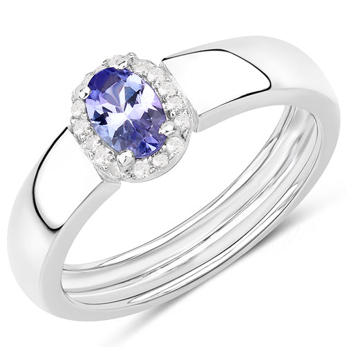 Bids.com 0.54 Carat Genuine Tanzanite and White Zircon .925 Sterling Silver Ring Rings