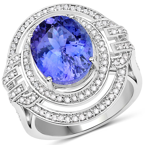 Bids.com 14K White Gold 6.83 Carat Genuine Tanzanite and White Diamond Ring Rings