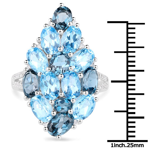 Bids.com 6.69 Carat Genuine Swiss Blue Topaz, London Blue Topaz and White Zircon .925 Sterling Silver Ring Rings