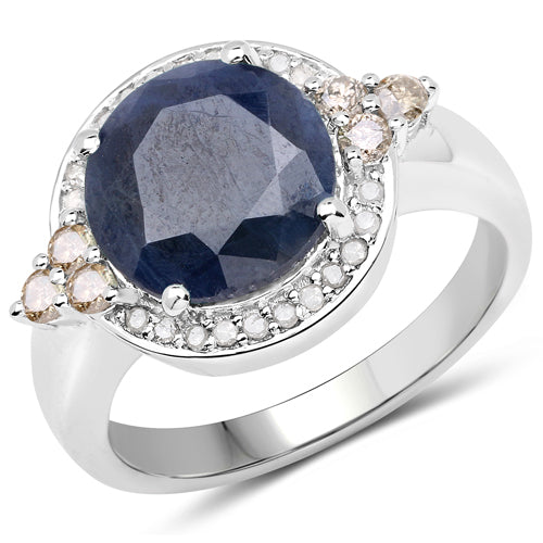 Bids.com 4.10 Carat Genuine Blue Sapphire, Champagne Diamond and White Diamond .925 Sterling Silver Ring Rings