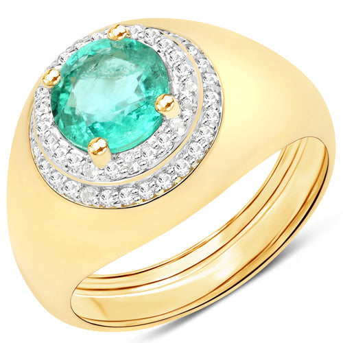 Bids.com 1.46 Carat Genuine Zambian Emerald and White Topaz .925 Sterling Silver Ring Rings