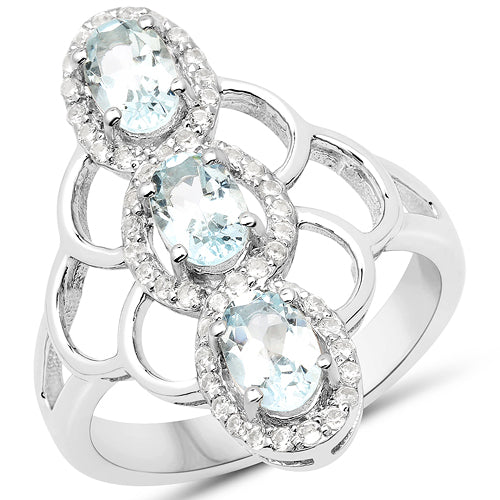 Bids.com 1.54 Carat Genuine Aquamarine and White Zircon .925 Sterling Silver Ring Rings