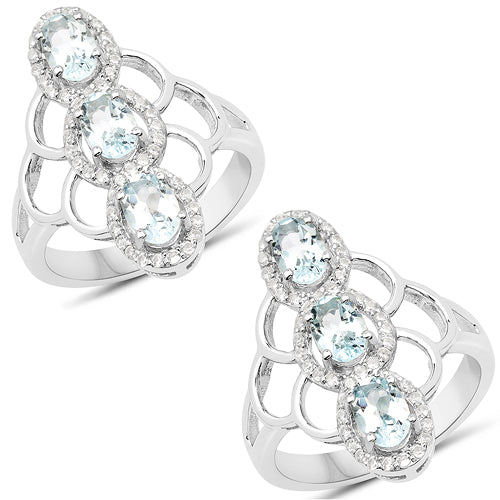 Bids.com 1.54 Carat Genuine Aquamarine and White Zircon .925 Sterling Silver Ring Rings