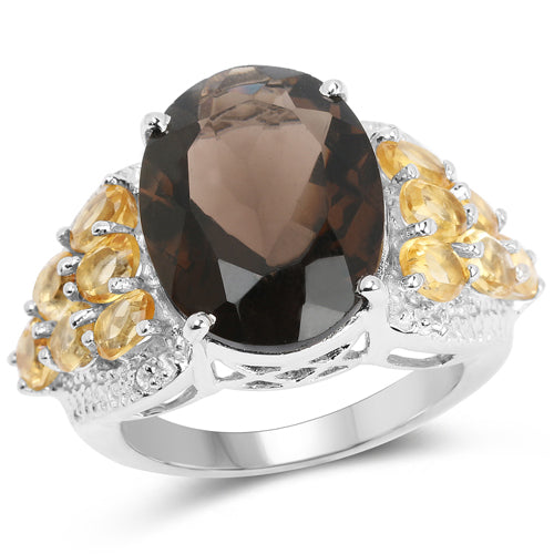 Bids.com 9.74 Carat Genuine Smoky Quartz, Citrine & White Topaz .925 Sterling Silver Ring Rings