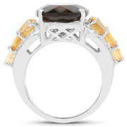 Bids.com 9.74 Carat Genuine Smoky Quartz, Citrine & White Topaz .925 Sterling Silver Ring Rings
