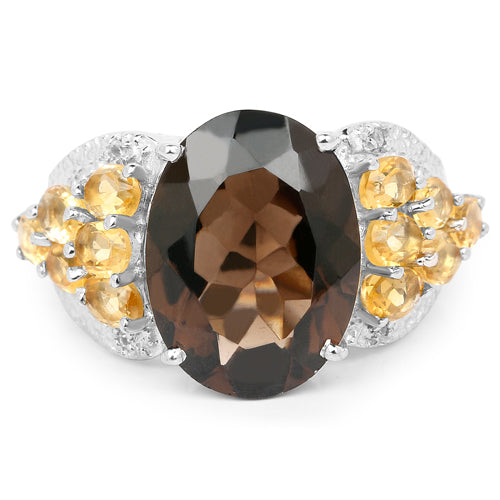Bids.com 9.74 Carat Genuine Smoky Quartz, Citrine & White Topaz .925 Sterling Silver Ring Rings