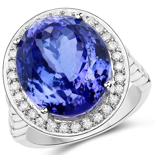Bids.com 18.50 Carat Genuine Tanzanite and White Diamond 18K White Gold Ring Rings