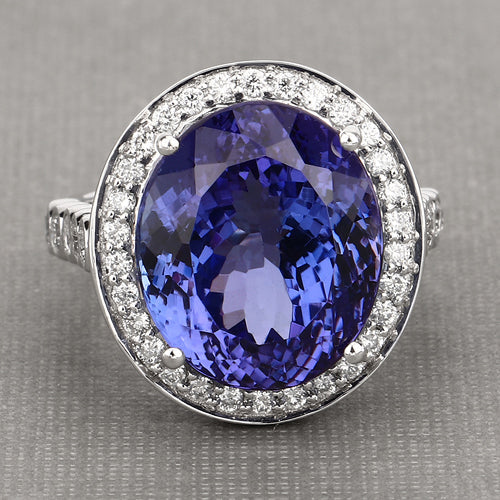 Bids.com 18.50 Carat Genuine Tanzanite and White Diamond 18K White Gold Ring Rings