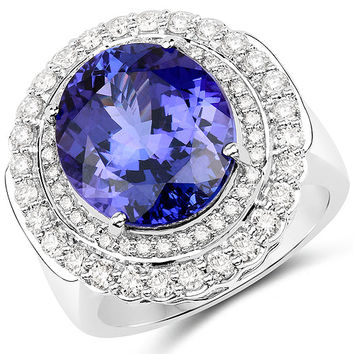 Bids.com 10.79 Carat Genuine Tanzanite and White Diamond 18K White Gold Ring Rings