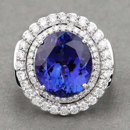 Bids.com 10.79 Carat Genuine Tanzanite and White Diamond 18K White Gold Ring Rings