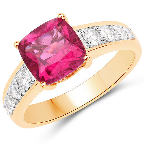 Bids.com 2.70 Carat Genuine Rubellite and White Diamond 14K Yellow Gold Ring Rings