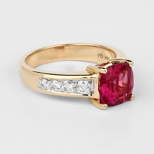 Bids.com 2.70 Carat Genuine Rubellite and White Diamond 14K Yellow Gold Ring Rings