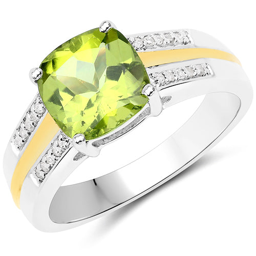 Bids.com 2.20 Carat Genuine Peridot and White Diamond 14K Yellow Gold with .925 Sterling Silver Ring Rings