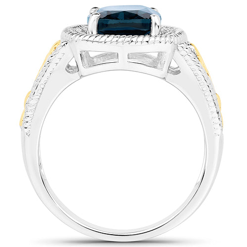 Bids.com 3.59 Carat Genuine London Blue Topaz and White Diamond 14K Yellow Gold with .925 Sterling Silver Ring Rings