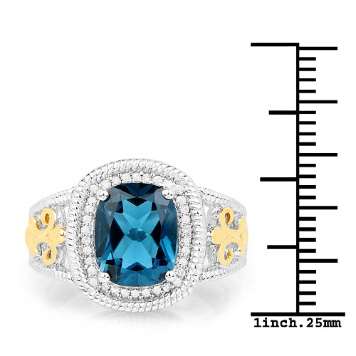 Bids.com 3.59 Carat Genuine London Blue Topaz and White Diamond 14K Yellow Gold with .925 Sterling Silver Ring Rings
