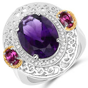 Bids.com 5.58 Carat Genuine Amethyst, Rhodolite and White Diamond 14K Yellow Gold with .925 Sterling Silver Ring Rings