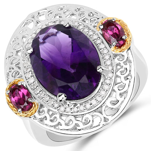 Bids.com 5.58 Carat Genuine Amethyst, Rhodolite and White Diamond 14K Yellow Gold with .925 Sterling Silver Ring Rings