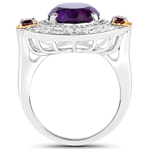 Bids.com 5.58 Carat Genuine Amethyst, Rhodolite and White Diamond 14K Yellow Gold with .925 Sterling Silver Ring Rings
