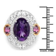 Bids.com 5.58 Carat Genuine Amethyst, Rhodolite and White Diamond 14K Yellow Gold with .925 Sterling Silver Ring Rings