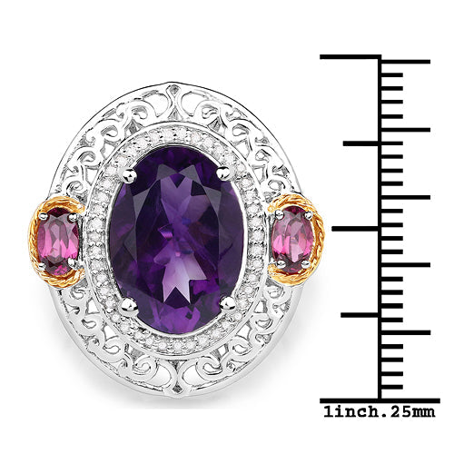 Bids.com 5.58 Carat Genuine Amethyst, Rhodolite and White Diamond 14K Yellow Gold with .925 Sterling Silver Ring Rings