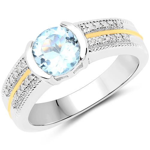 Bids.com 1.37 Carat Genuine Aquamarine and White Diamond 14K Yellow Gold with .925 Sterling Silver Ring Rings